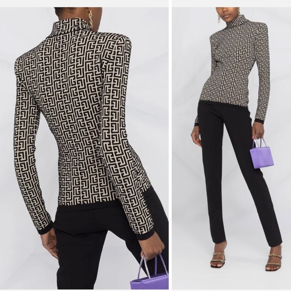 Balmain MONOGRAM JACQUARD WOOL BLEND SWEATER XS like New